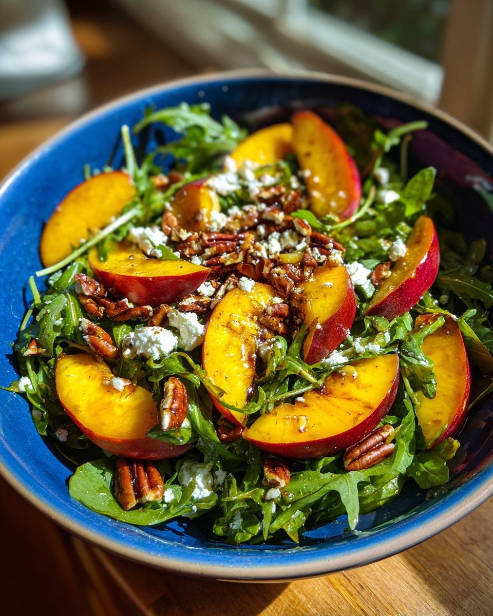 A vibrant Millionaire Peach Salad with arugula, sliced peaches, pecans, and crumbled cheese in a blue bowl.