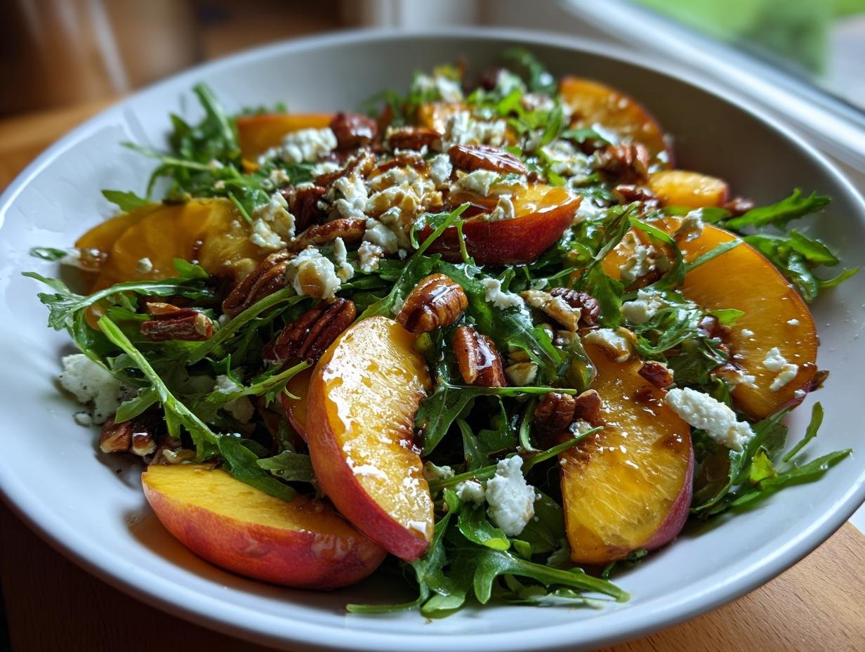 A fresh Millionaire Peach Salad featuring sliced peaches, arugula, pecans, and crumbled cheese.