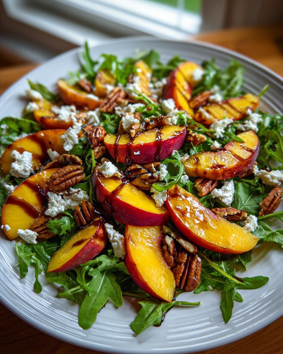A vibrant Millionaire Peach Salad with fresh peaches, arugula, pecans, goat cheese, and balsamic glaze.