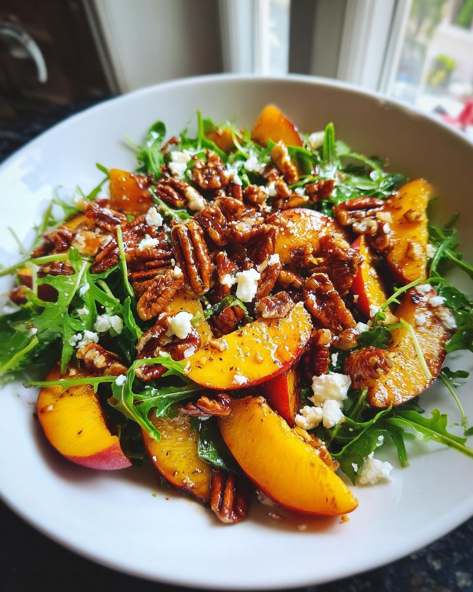 A vibrant Millionaire Peach Salad with fresh peaches, arugula, candied pecans, and feta cheese.