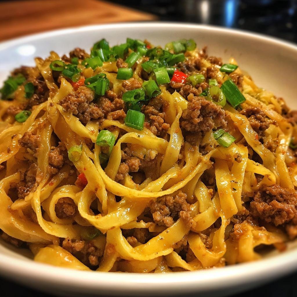A bowl of delicious Mongolian Ground Beef Noodles, topped with fresh green onions.