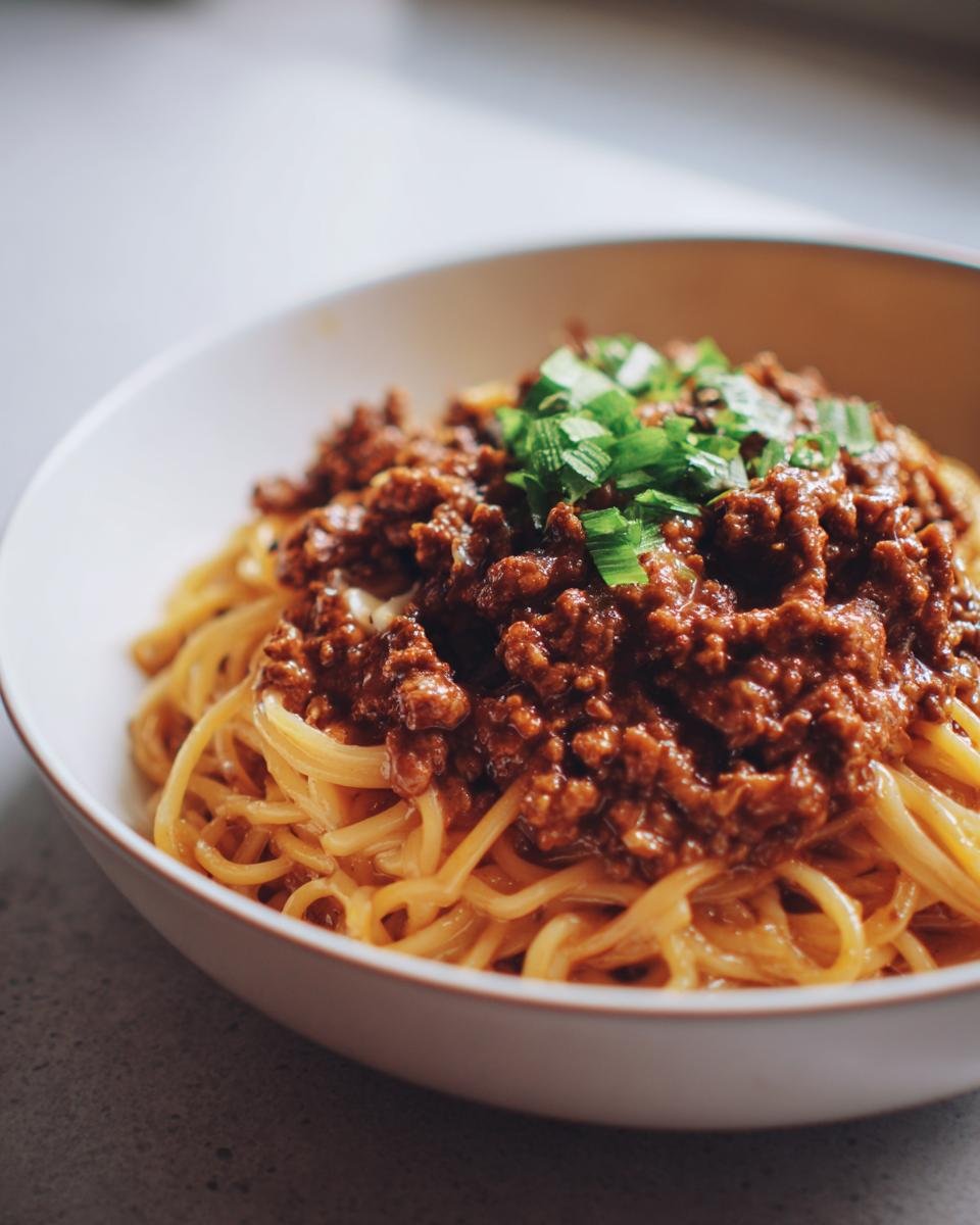 A bowl of Mongolian Ground Beef Noodles topped with fresh green onions.