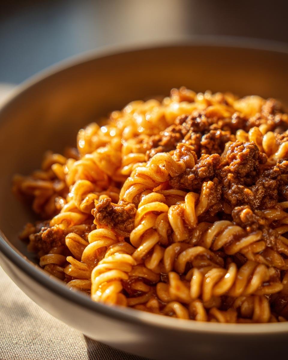 Close-up of Mongolian Ground Beef Noodles in a bowl, featuring spiral pasta and savory beef.