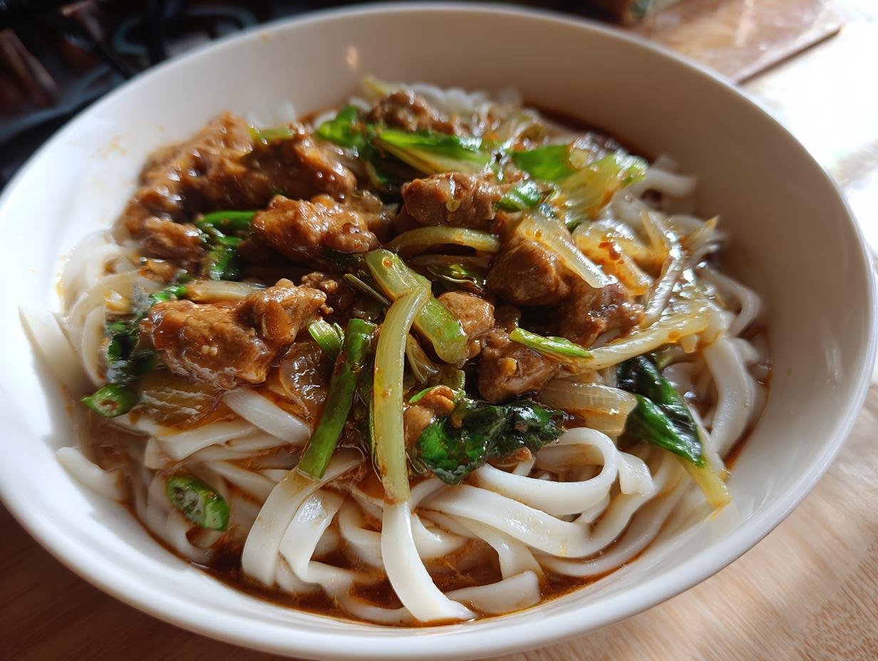 A bowl of Mongolian Ground Beef Noodles with thick noodles, beef, and green vegetables.