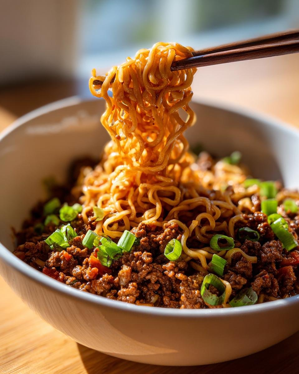 Close-up of Mongolian Ground Beef Noodles in a bowl, with chopsticks lifting a portion of the noodles.
