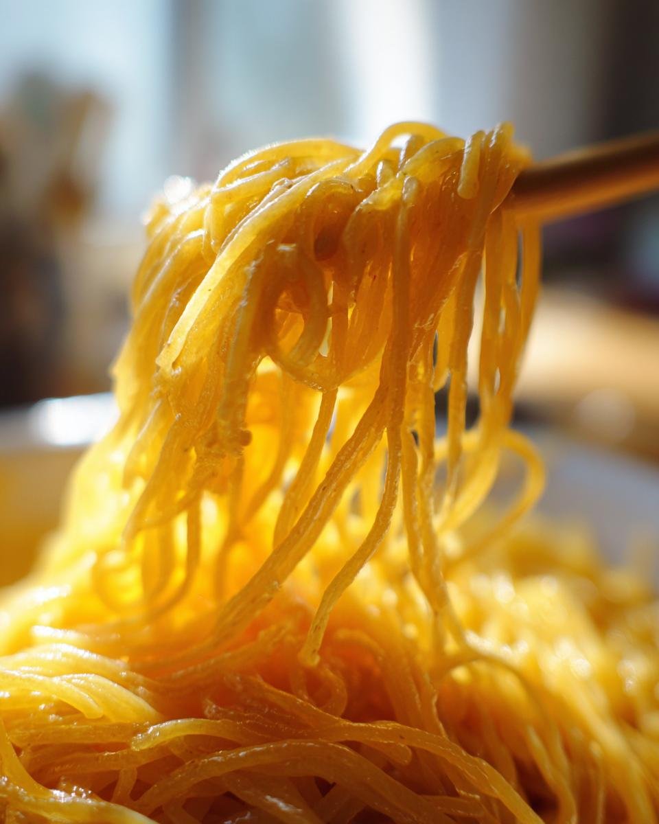 Close-up of glistening Mongolian Ground Beef Noodles being lifted with chopsticks.