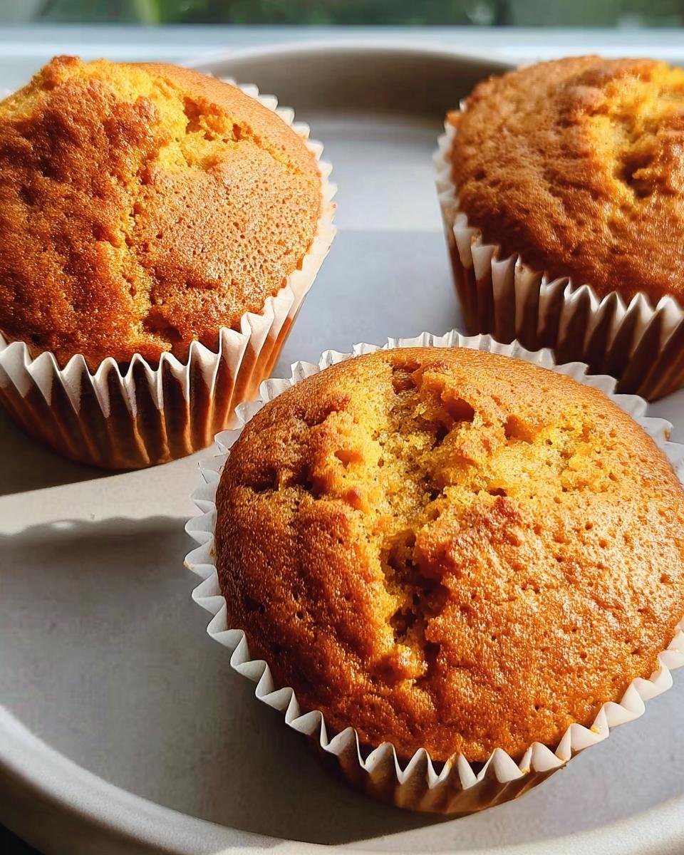 Three golden brown Muffins With Greek Yogurt in white paper liners on a plate, ready to eat.