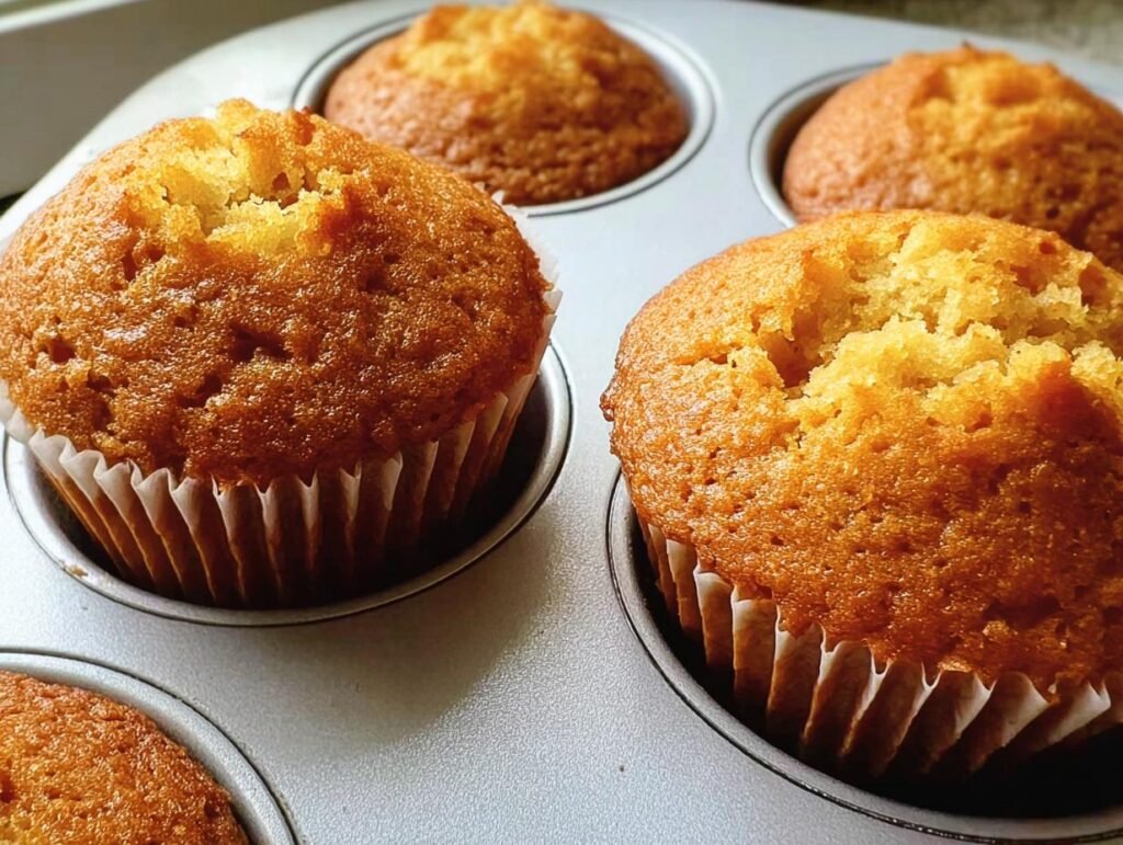 Close-up of golden brown Muffins With Greek Yogurt in a muffin tin, showcasing their tender texture.