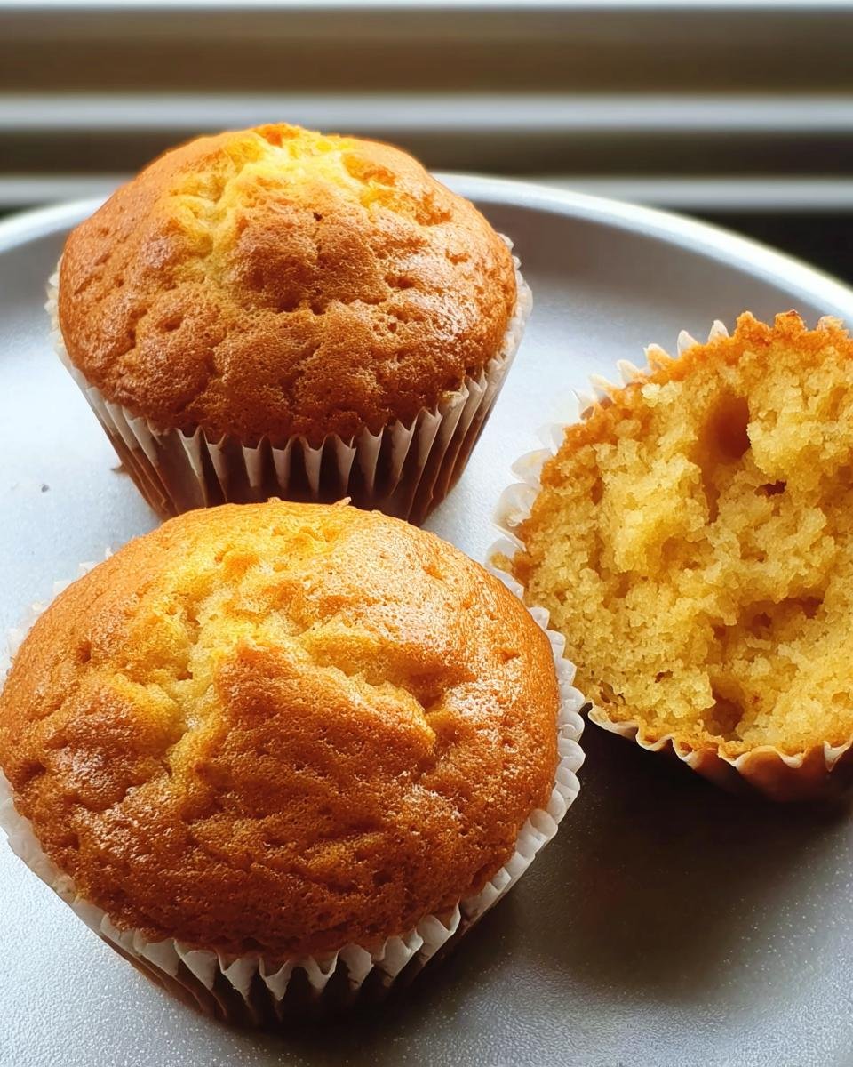Three muffins with Greek yogurt, one cut in half to show the soft interior.