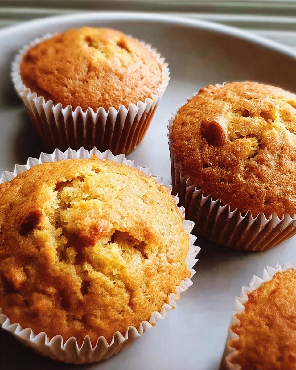 Overhead shot of four golden Muffins With Greek Yogurt in white paper liners on a gray plate.
