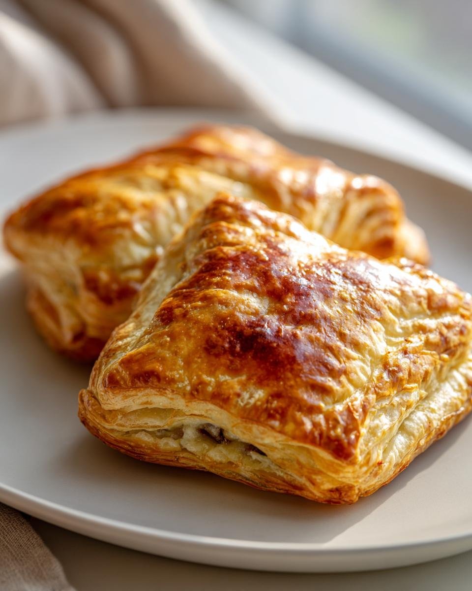 Two golden brown Mushroom & Gruyère Puff Pastry appetizers on a white plate, showcasing flaky layers.