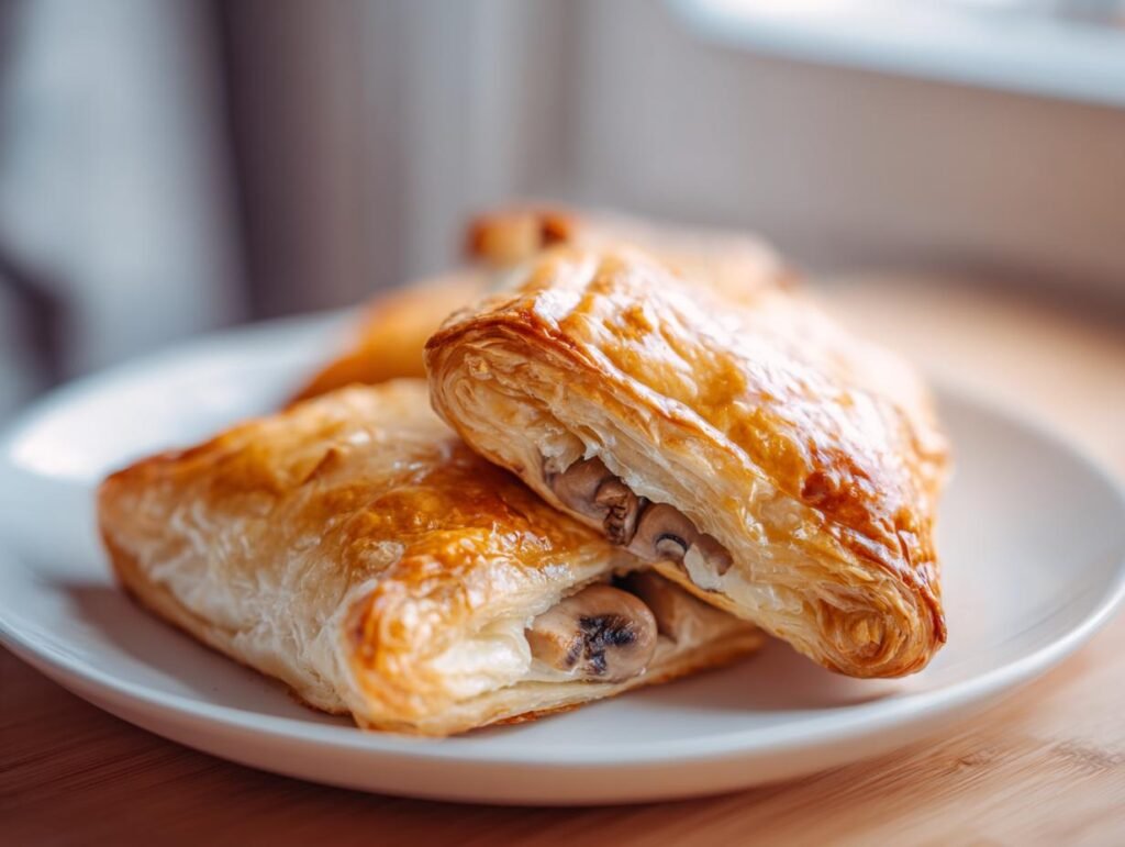 Close-up of flaky Mushroom & Gruyère Puff Pastry on a white plate, showcasing the golden crust and savory filling.