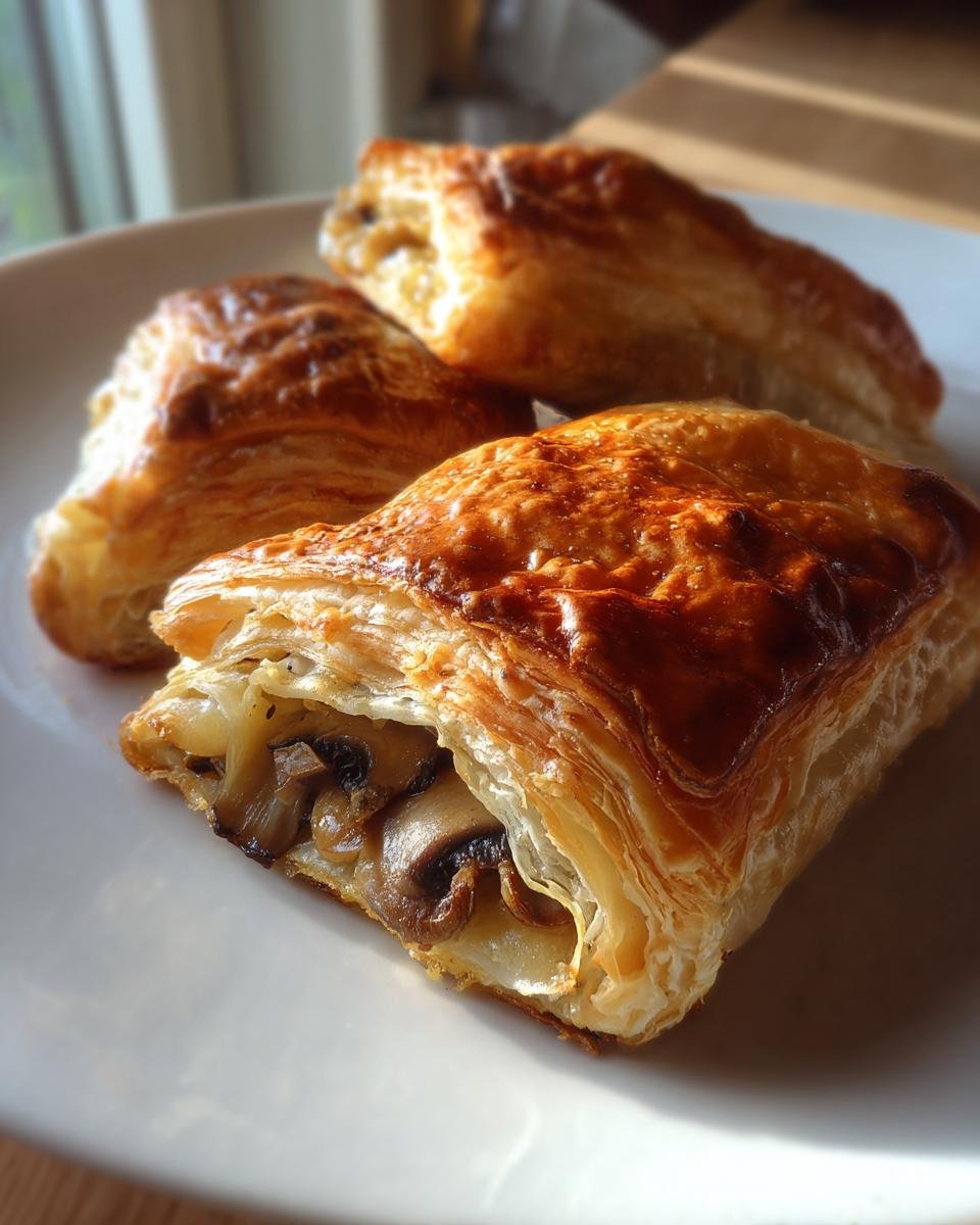 Three golden Mushroom & Gruyère Puff Pastry appetizers on a white plate, showcasing the flaky layers and savory filling.