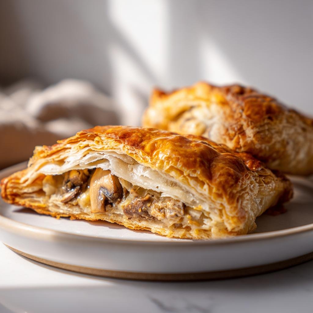 Close-up of a flaky Mushroom & Gruyère Puff Pastry, cut open to show the savory filling.