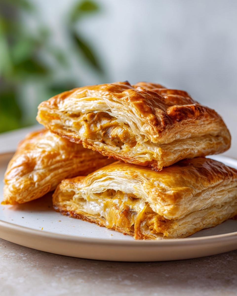 Three Mushroom & Gruyère Puff Pastry squares stacked on a plate, showcasing flaky layers and savory filling.