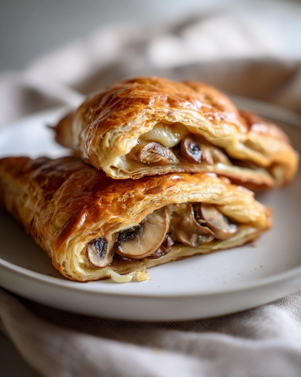 Two halves of a golden Mushroom & Gruyère Puff Pastry stacked on a plate, showcasing the flaky layers and cheesy mushroom filling.