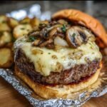 Close-up of a Mushroom and Swiss Burger topped with sauteed mushrooms, onions, and melted Swiss cheese.