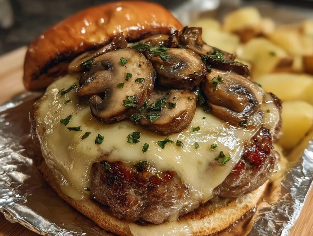 Close-up of a mouthwatering Mushroom and Swiss Burger with melted cheese and sauteed mushrooms.