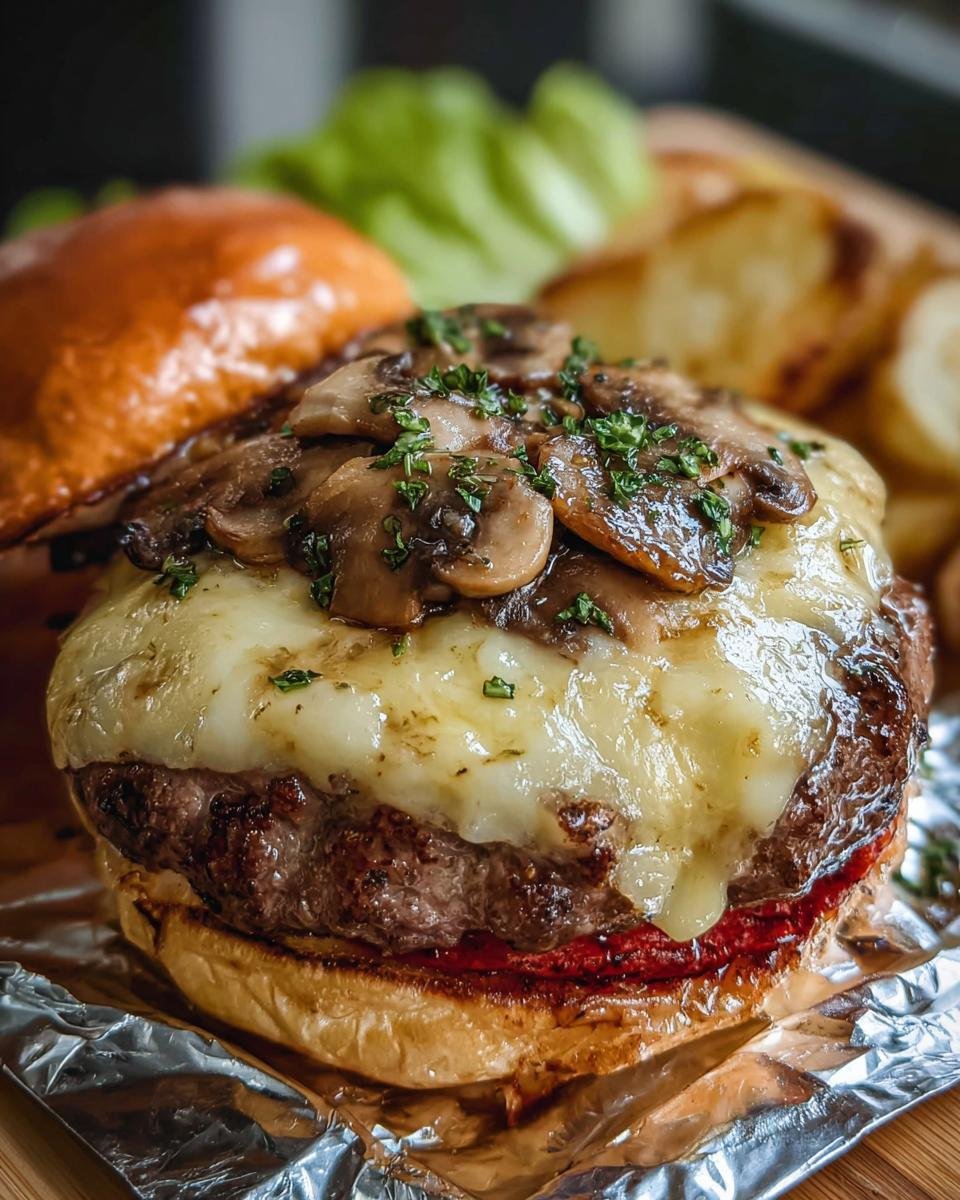 A mouthwatering Mushroom and Swiss Burger with melted cheese, sauteed mushrooms, and fresh herbs.