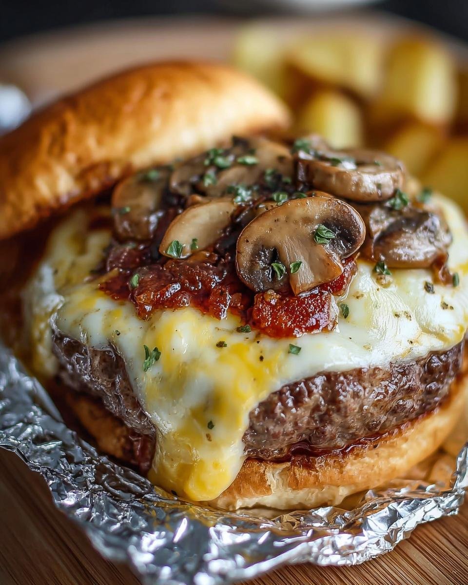 Close-up of a Mushroom and Swiss Burger featuring melted Swiss cheese, sauteed mushrooms, and a juicy beef patty.