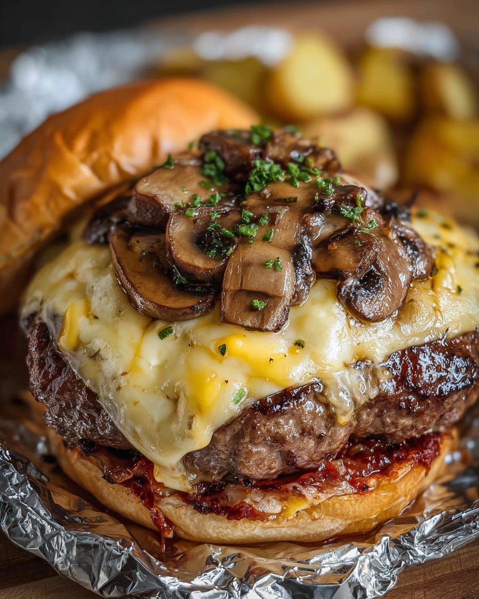 Close-up of a Mushroom and Swiss Burger with melted cheese and sautéed mushrooms on a toasted bun.