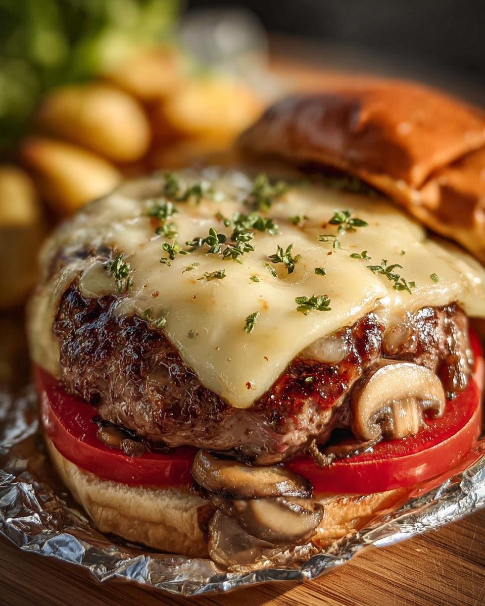 Close-up of a Mushroom and Swiss Burger with tomato, mushrooms, and melted Swiss cheese on a bun.