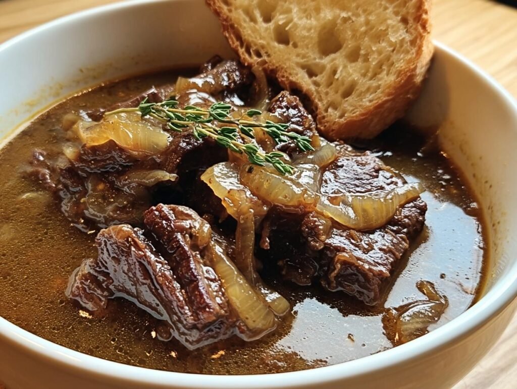 Close-up of a bowl of Onion Beef Short Soup, garnished with thyme and served with a slice of bread.