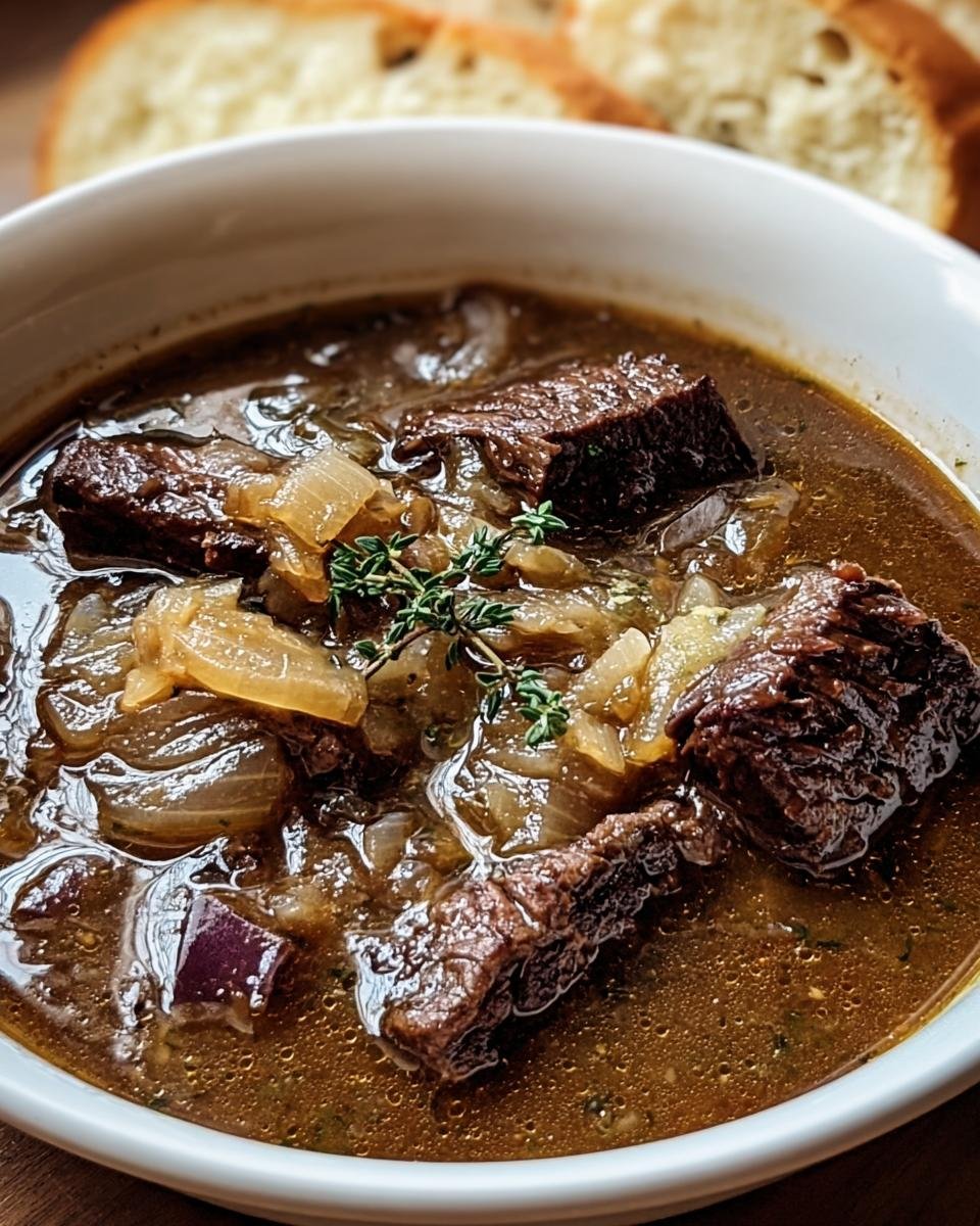 Close-up of Onion Beef Short Soup in a white bowl, garnished with thyme, served with slices of bread.