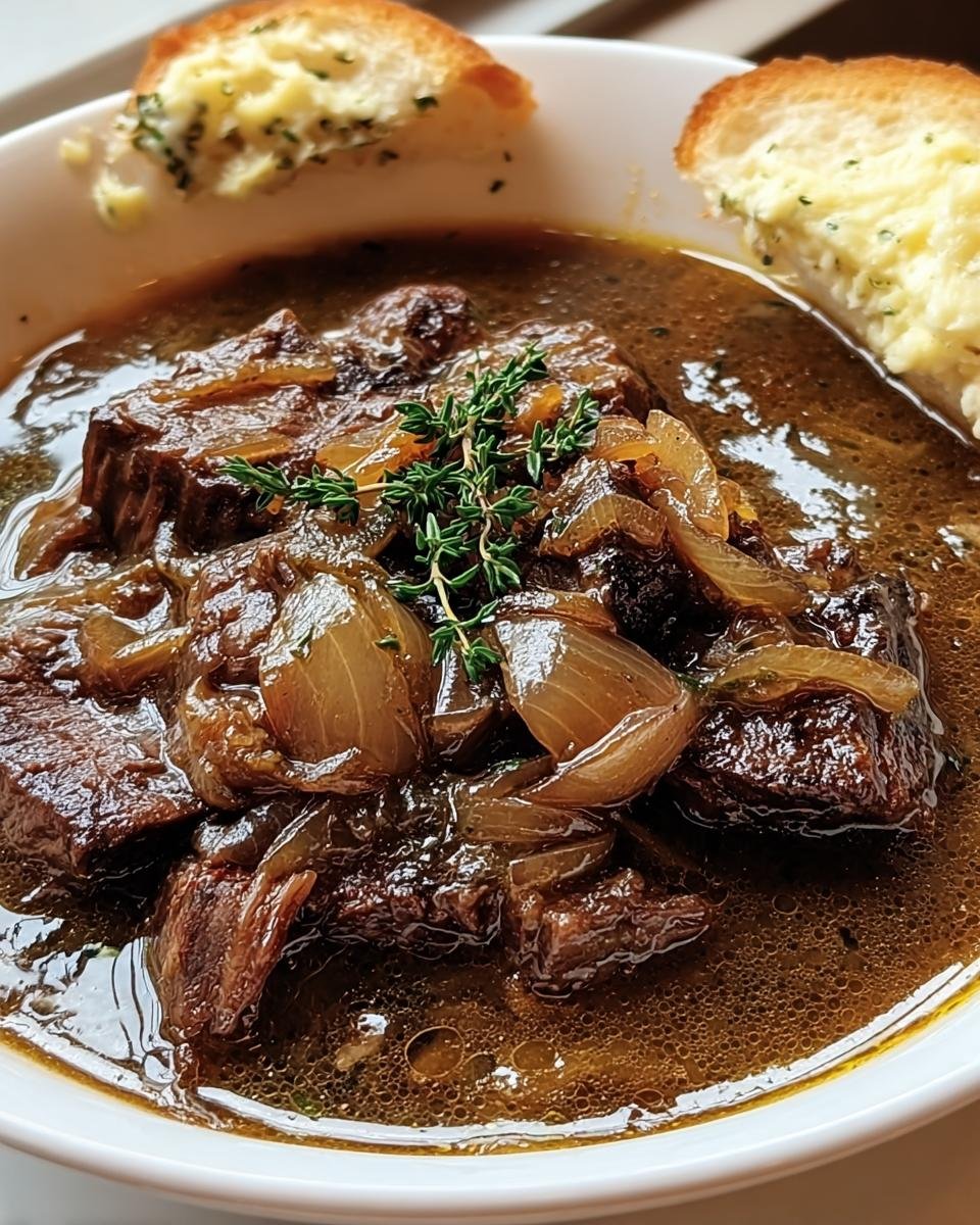 Close-up of a bowl of Onion Beef Short Soup with beef, onions, broth, and garnished with thyme, served with garlic bread.