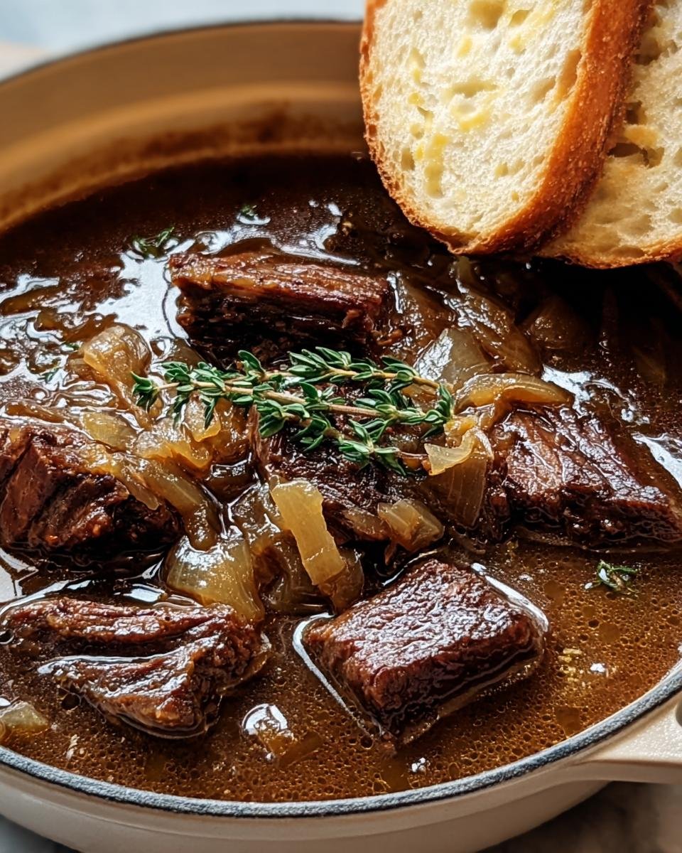 Close-up of Onion Beef Short Soup with large chunks of beef, onions, thyme garnish, and slices of bread.