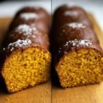 A slice of Orange Juice Pumpkin Bread with chocolate glaze and sugar crystals, showcasing the bread's texture.