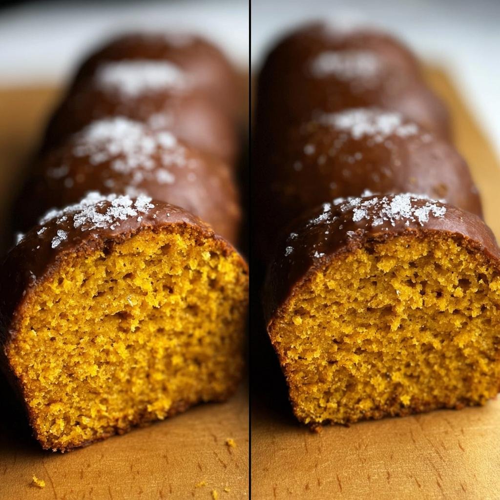 A slice of Orange Juice Pumpkin Bread with chocolate glaze and sugar crystals, showcasing the bread's texture.