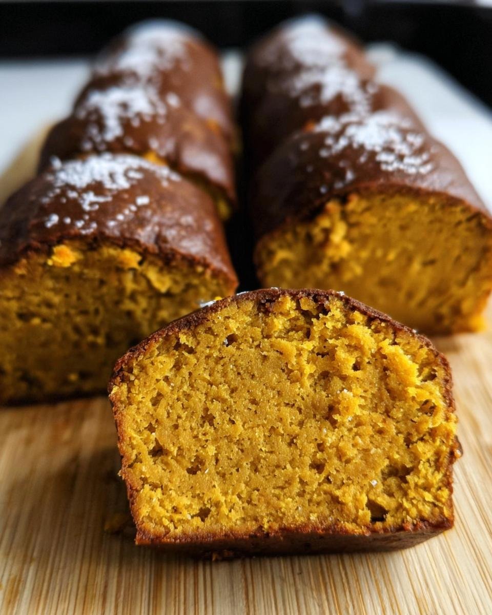 A slice of moist Orange Juice Pumpkin Bread, showing its texture and color, with loaves in the background.