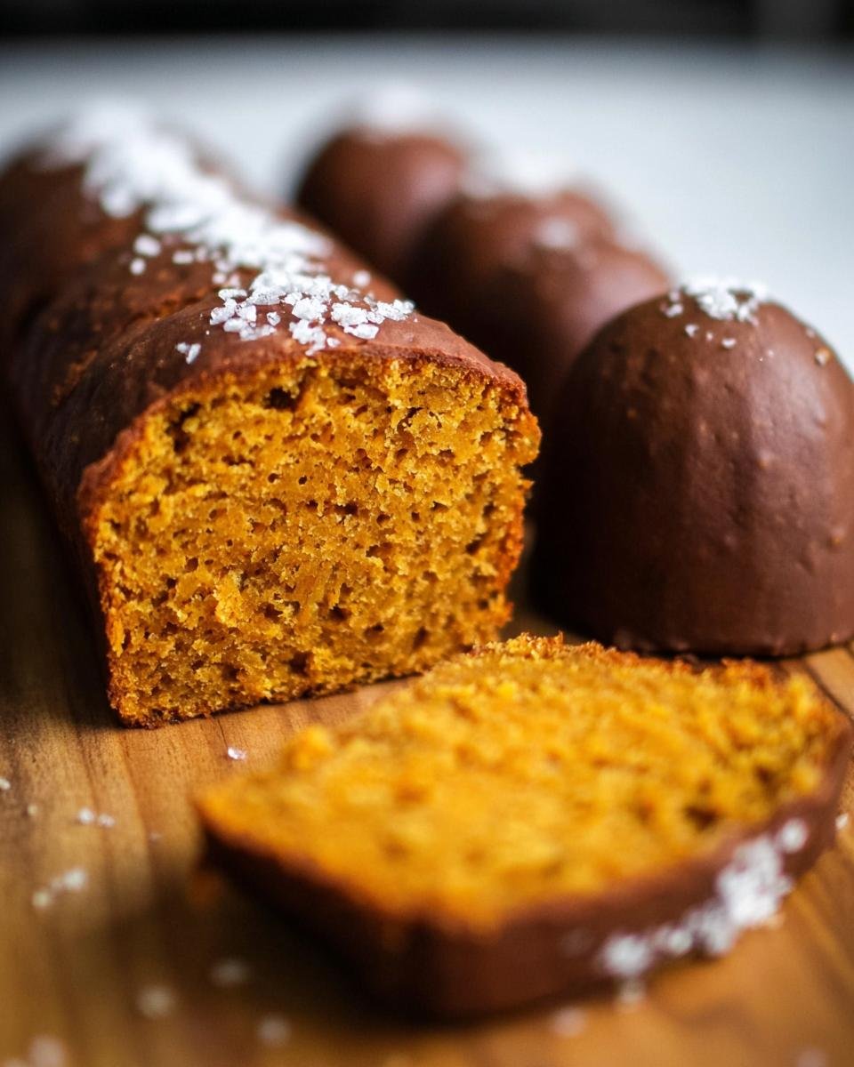 A sliced loaf of Orange Juice Pumpkin Bread with chocolate glaze and sea salt flakes on a wooden board.