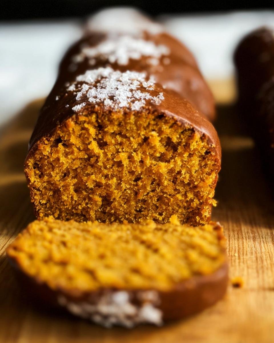 A slice of freshly baked Orange Juice Pumpkin Bread with a chocolate glaze and sugar crystals.