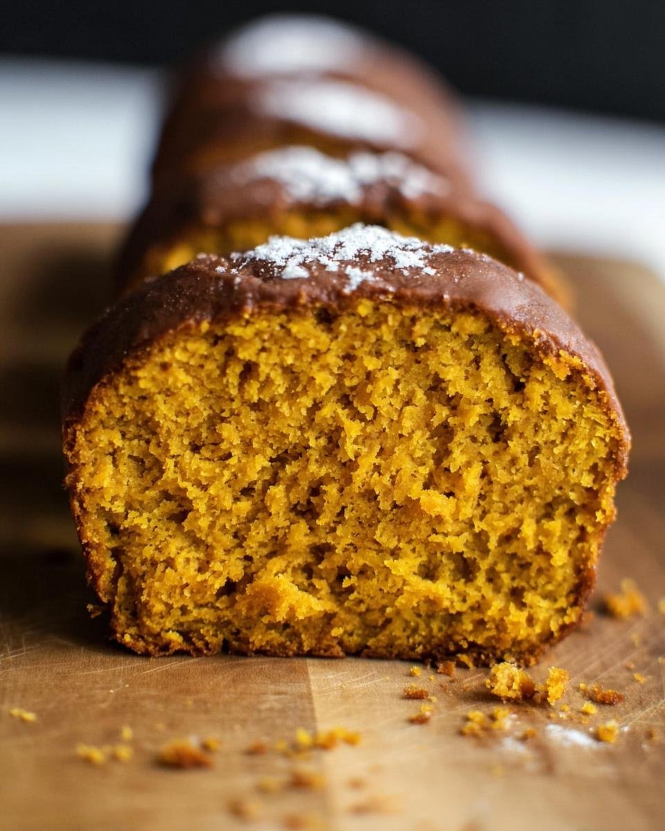A close-up of a slice of Orange Juice Pumpkin Bread, showing the moist texture and crumb.