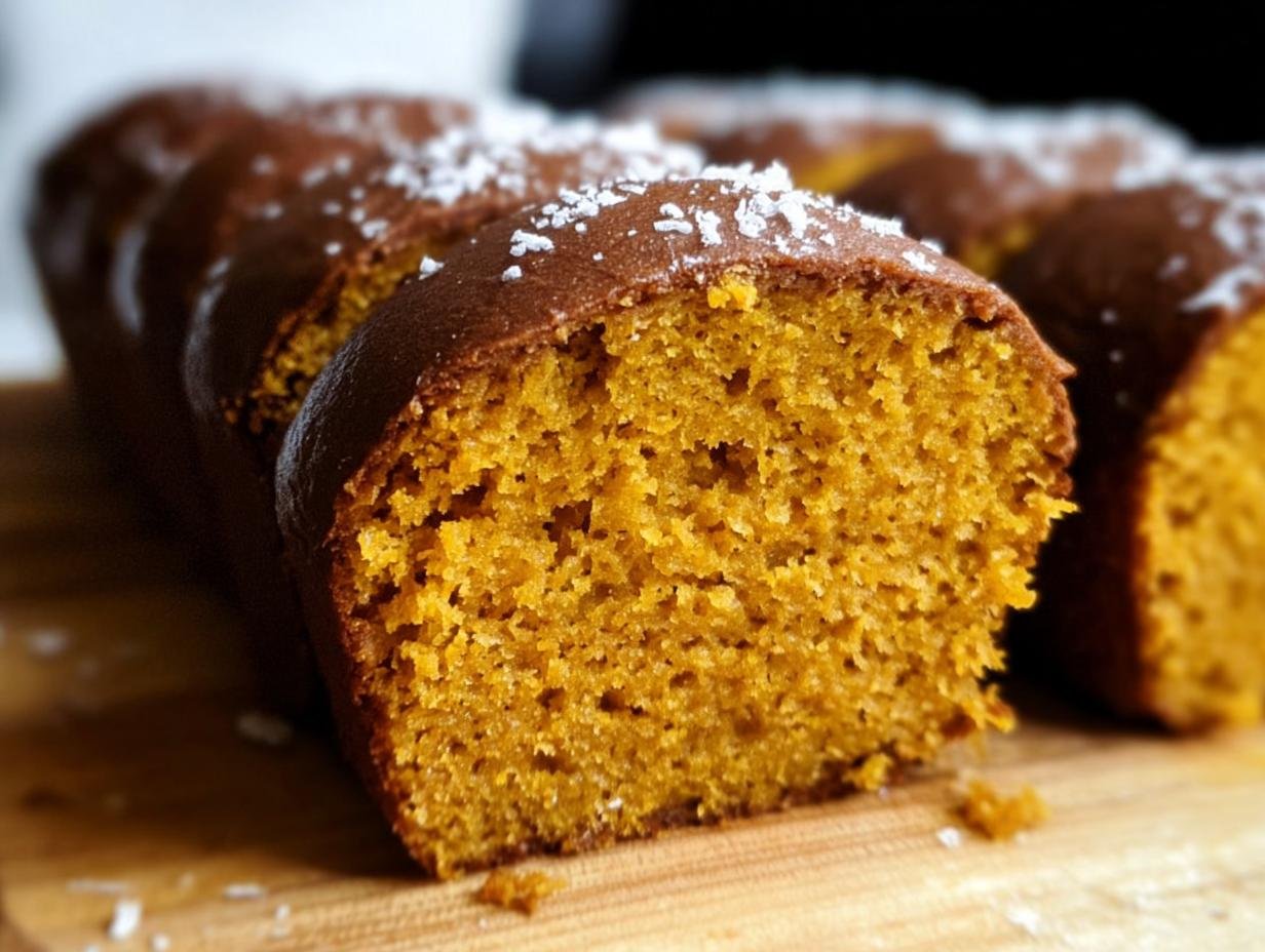 Close-up of a slice of Orange Juice Pumpkin Bread, showing the moist texture and sprinkled topping.