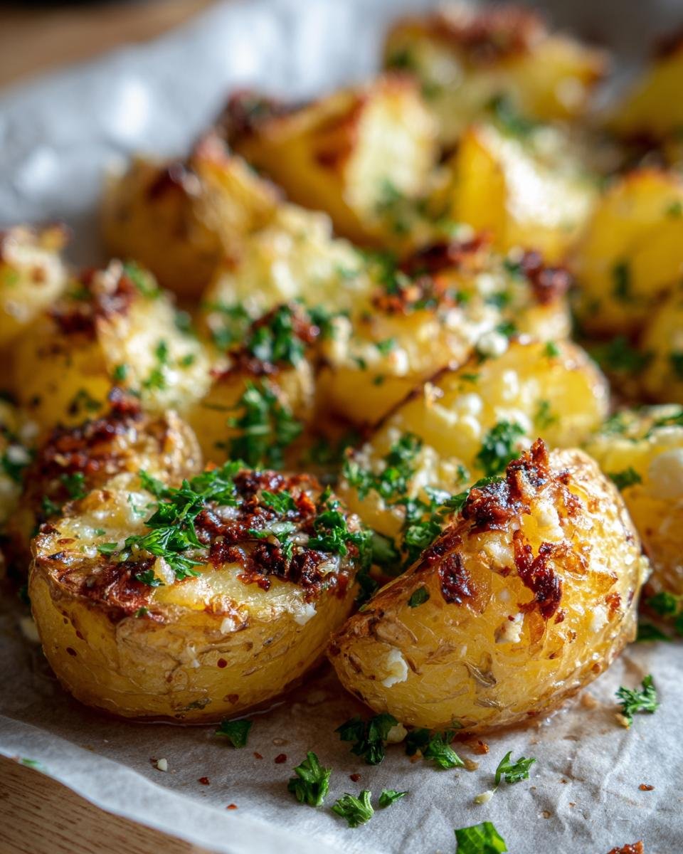 Close-up of Oven-Baked Feta Potatoes, garnished with fresh herbs and served on parchment paper.