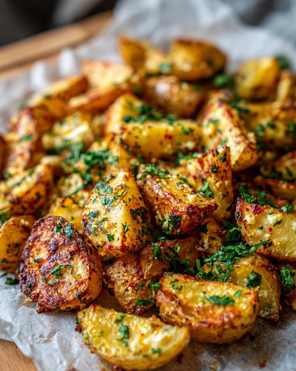 Close-up of golden Oven-Baked Feta Potatoes with fresh herbs, showcasing their crispy texture and cheesy topping.