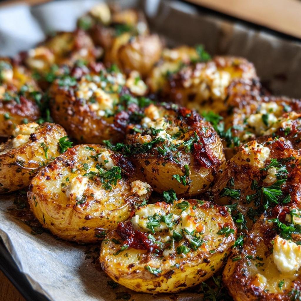 Close-up of Oven-Baked Feta Potatoes on a baking sheet, garnished with herbs and feta cheese.