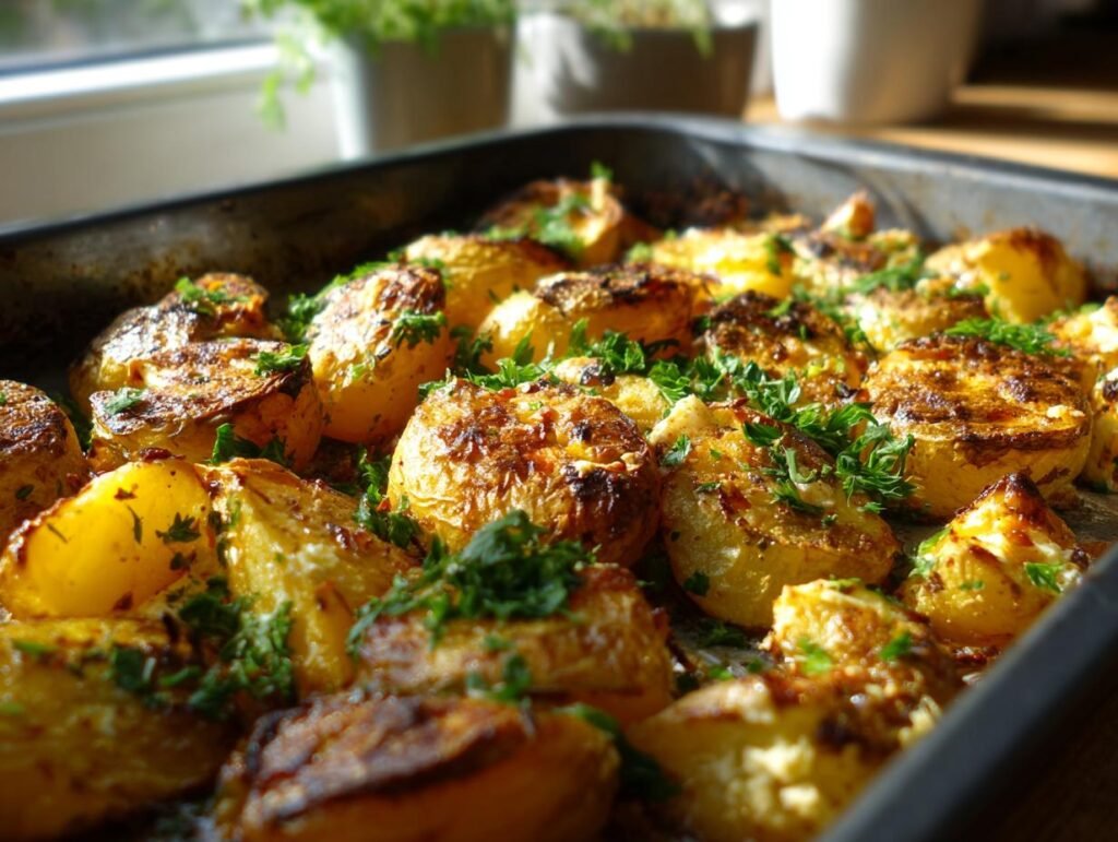 Close-up of golden Oven-Baked Feta Potatoes in a baking pan, garnished with fresh herbs.