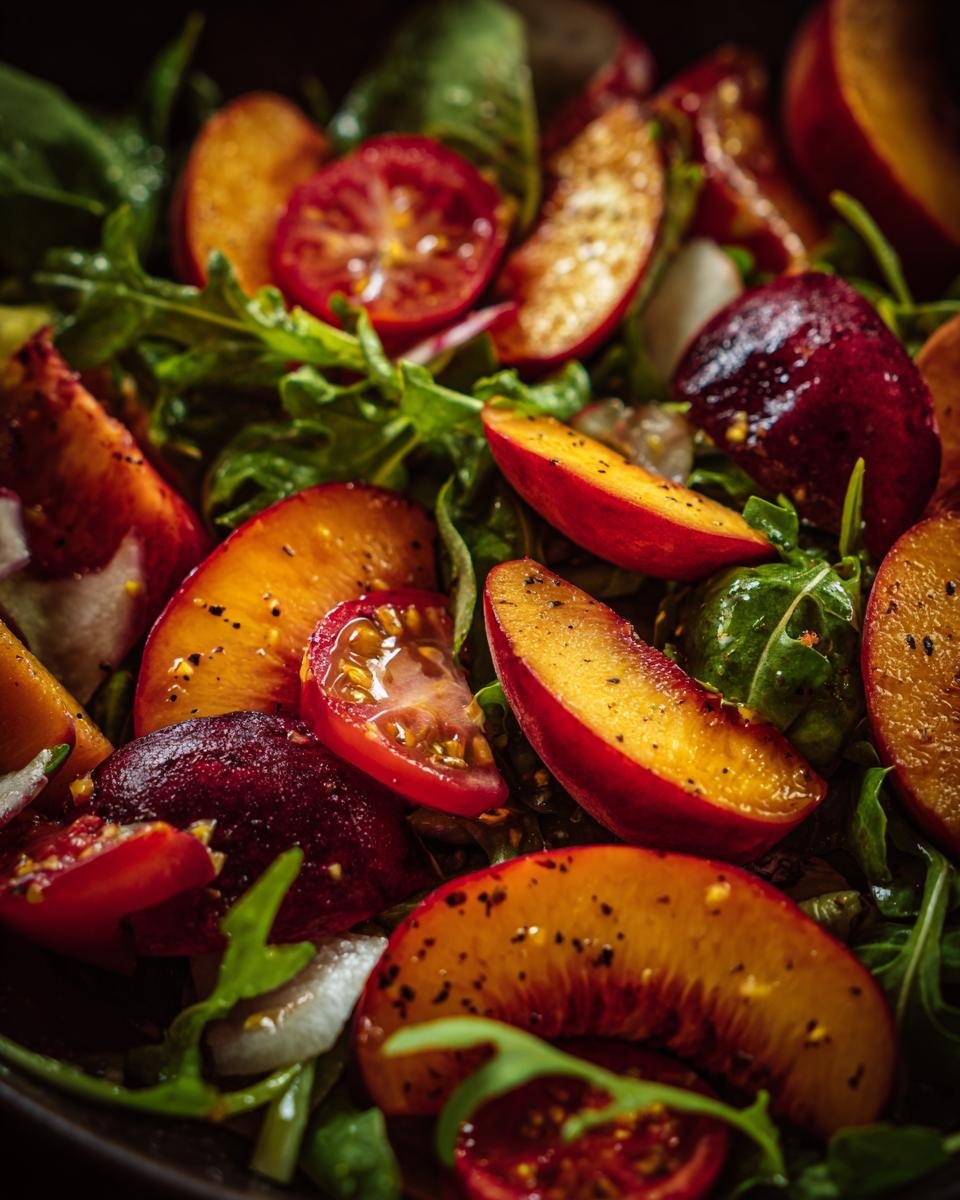 Close-up of Peach Salad with Honey Lime dressing, featuring fresh peaches, tomatoes, and greens.