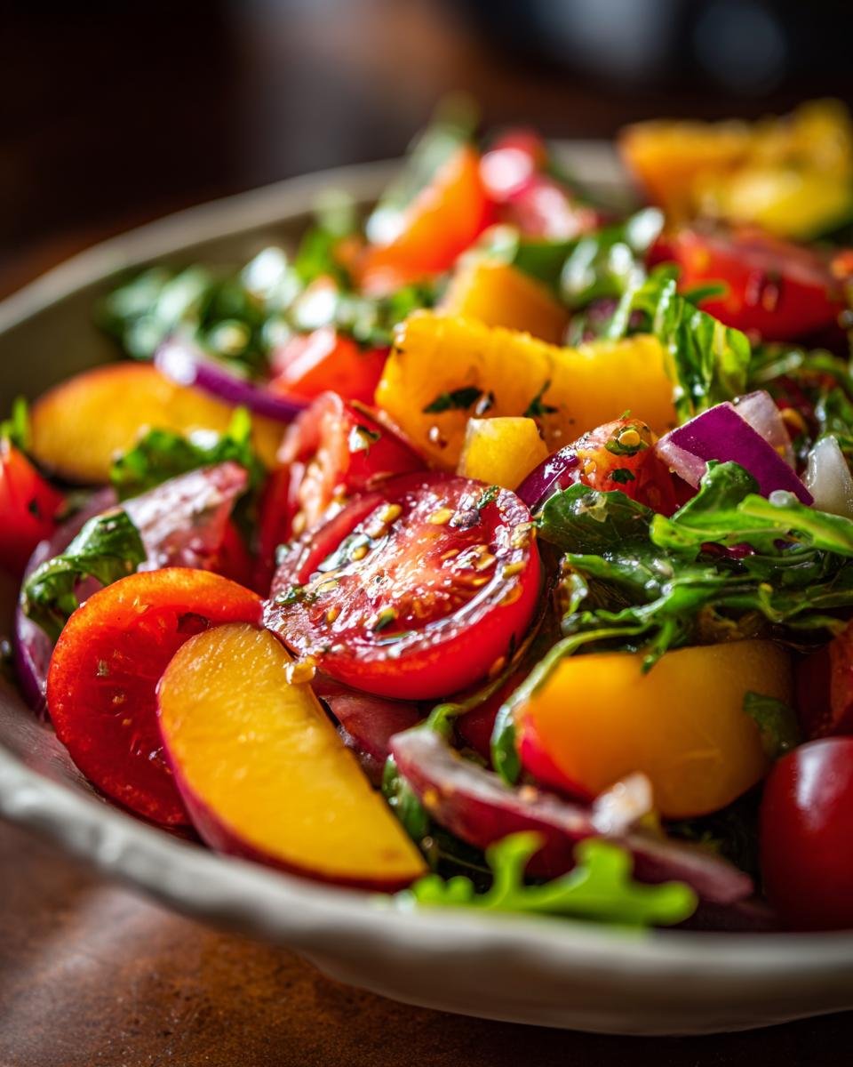 Close-up of a vibrant Peach Salad with Honey Lime dressing, featuring peaches, tomatoes, red onion, and greens.