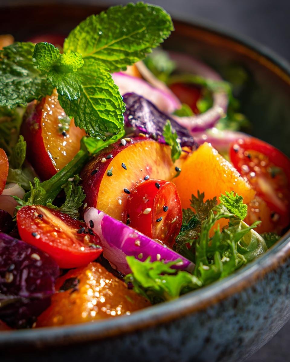 Close-up of a bowl of Peach Salad with Honey Lime dressing, featuring peaches, tomatoes, red onion, and mint.