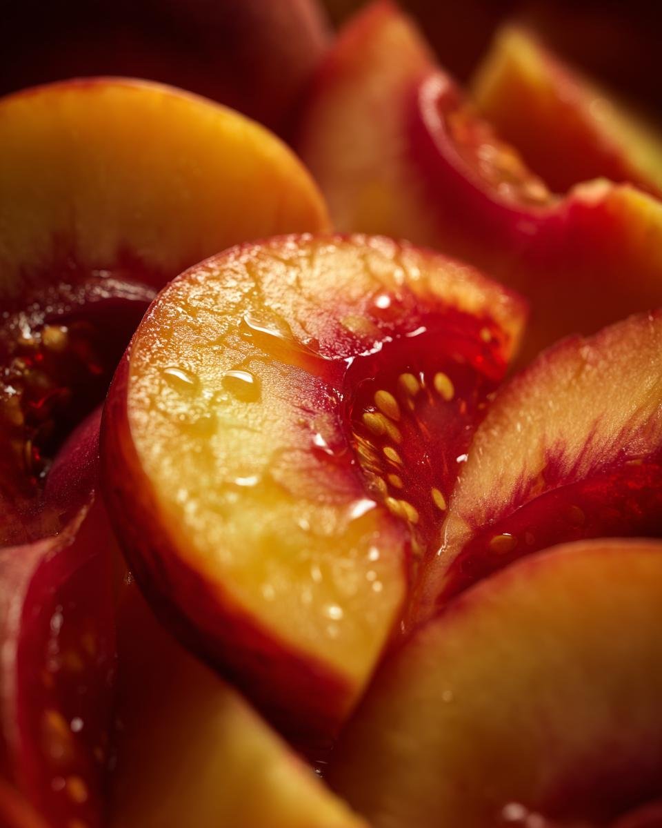A close-up of sliced peaches, ready for a Peach Salad with Honey Lime dressing. Juicy and vibrant.