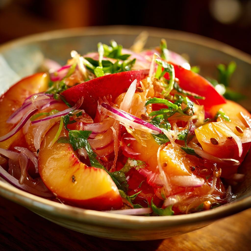 Close-up of a vibrant Peach Salad with Honey Lime dressing, featuring peaches, red onions, and herbs.