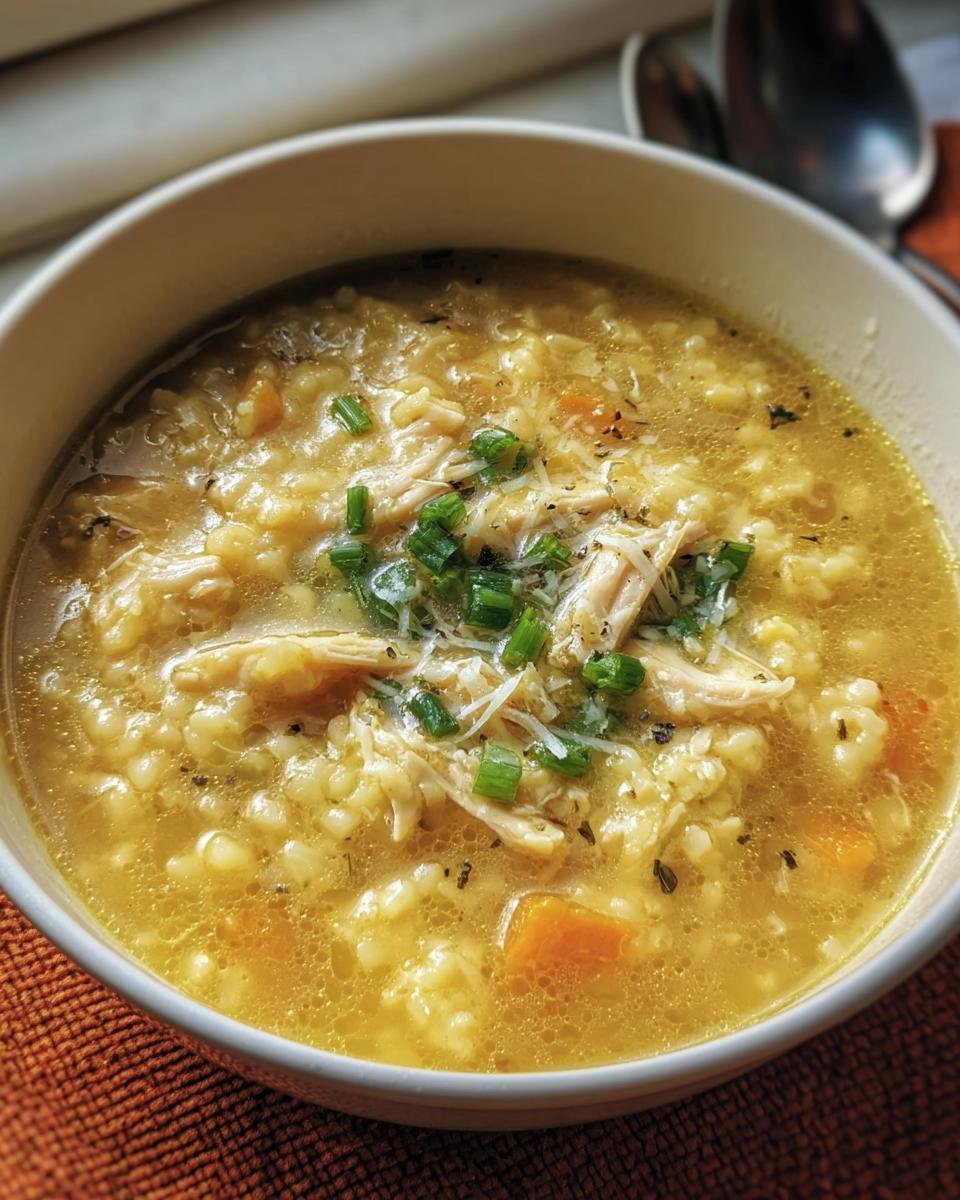 A comforting bowl of Penicillin Soup with chicken, vegetables, and herbs, garnished with parmesan and chives.