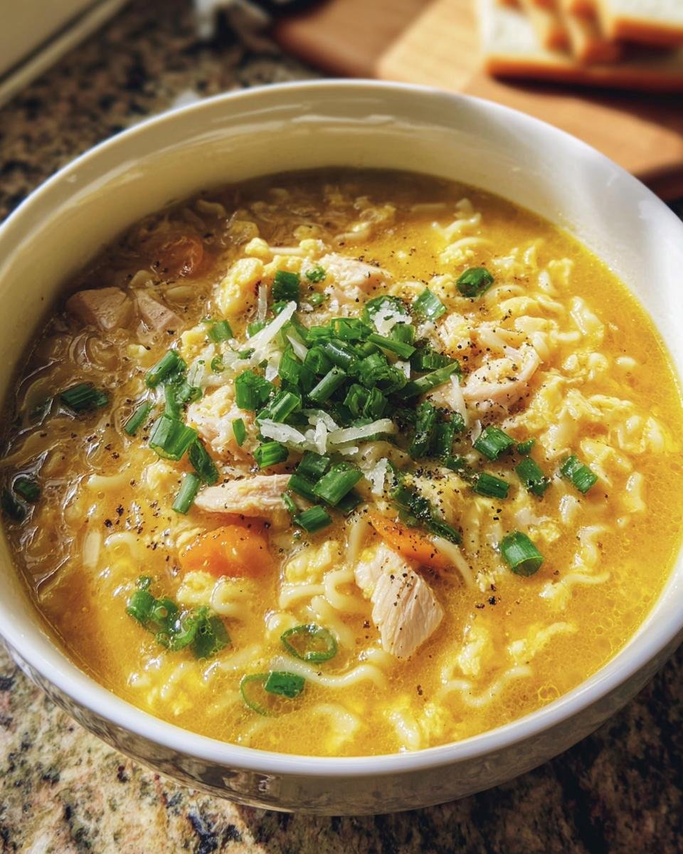 Close-up of a comforting bowl of Penicillin Soup with noodles, chicken, vegetables, and garnished with green onions.