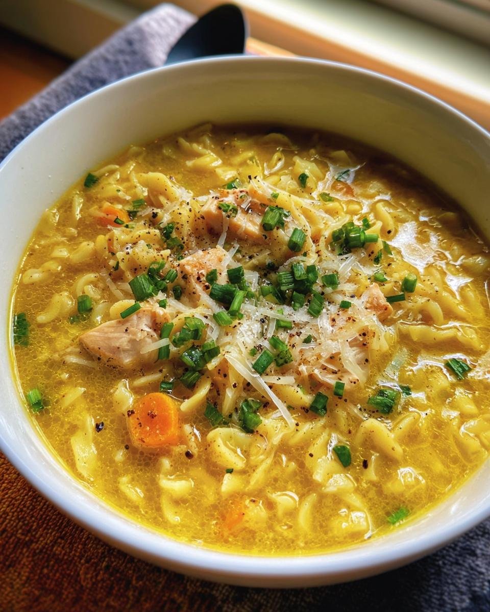 A comforting bowl of Penicillin Soup with noodles, chicken, carrots, and fresh herbs.