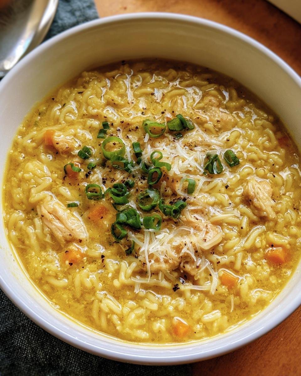 A comforting bowl of Penicillin Soup, garnished with green onions and parmesan cheese.